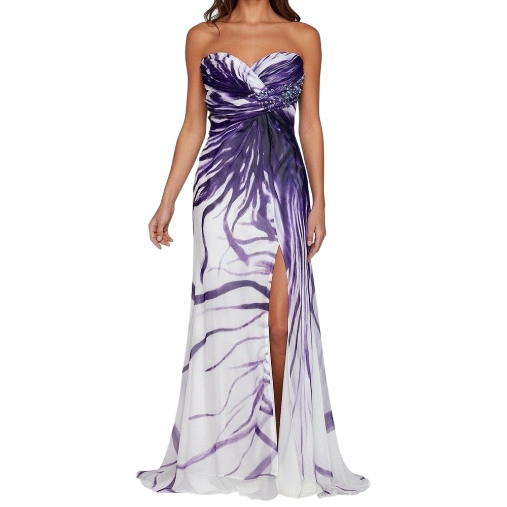 Luxuar Limited Purple White Abstract Print Beaded Strapless Formal Gown Dress 36